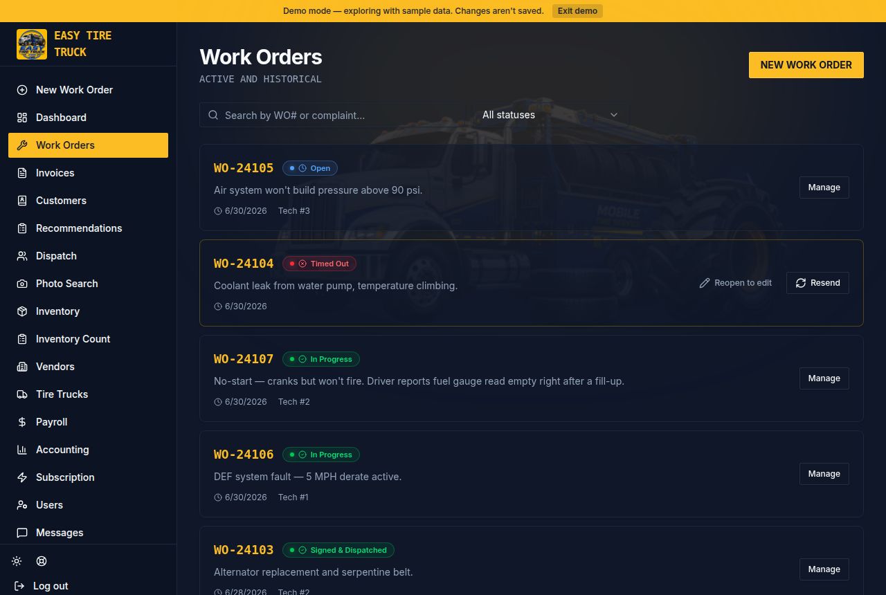 Work Orders screen